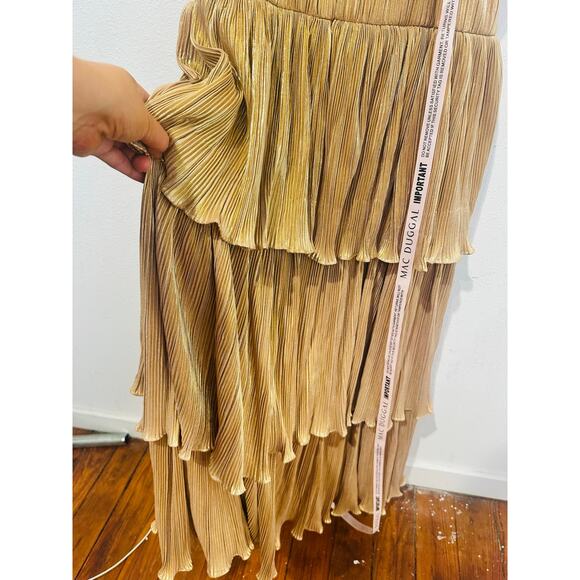 MAC DUGGAL Gold Metallic Plissé Square Neck Pleated Ruffle Belt Detail Dress 8 - Picture 13 of 16